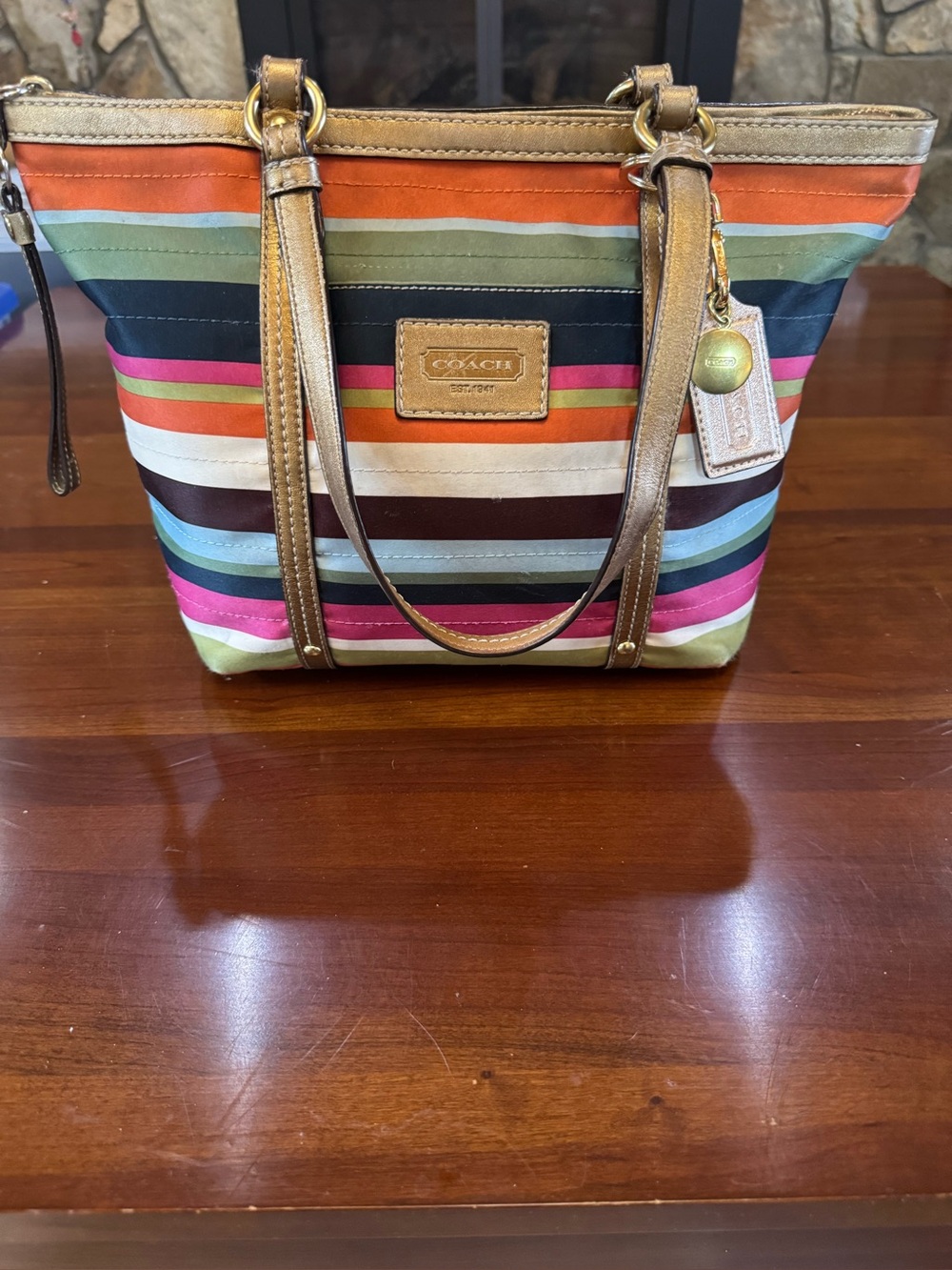 Coach Legacy Stripe Tote C0868-12421 Multicolor Sateen Gold Leather Trim